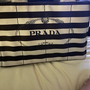 Prada Black and White Striped Canvas Tote